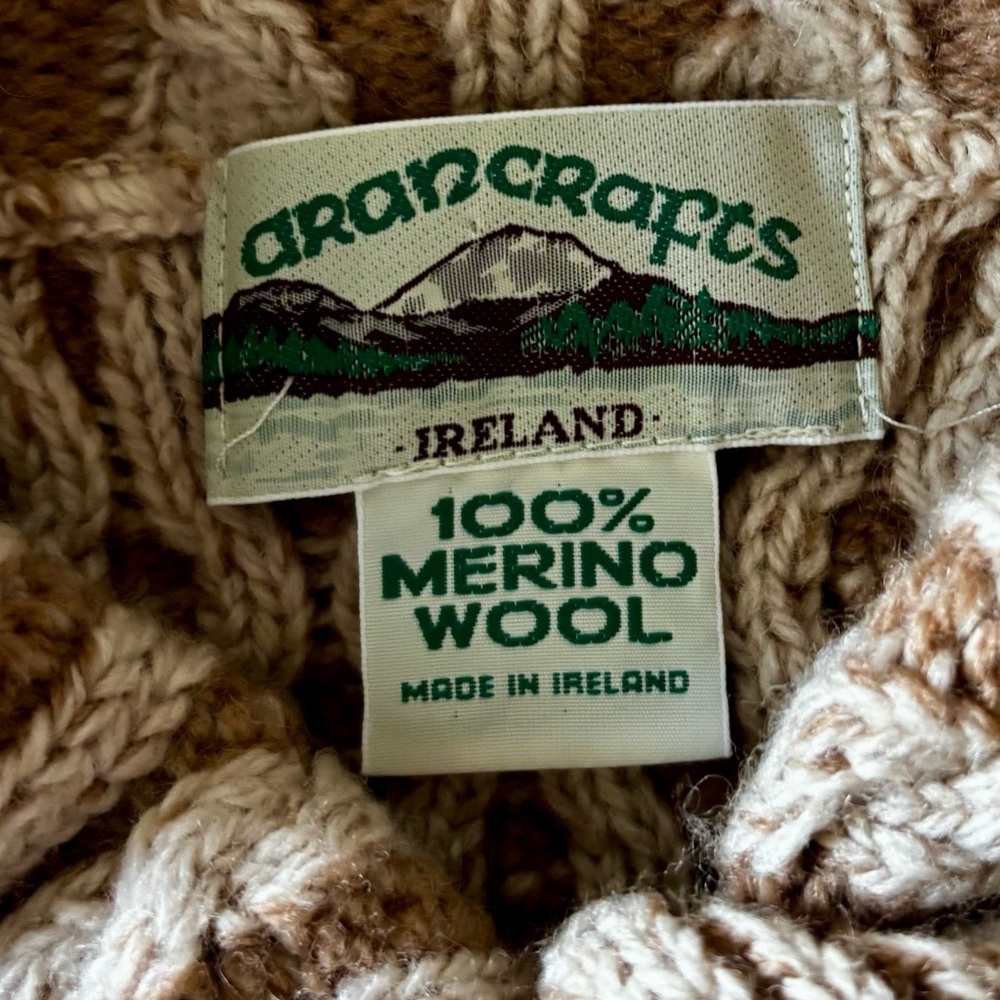 Aran Crafts Cable Knit Cardigan - Cream and Brown -  All Wool - Made in Ireland - Picture 3 of 9